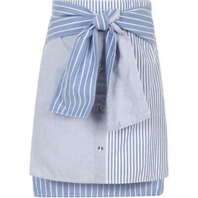 Girls blue mixed stripe tie waist mini skirt